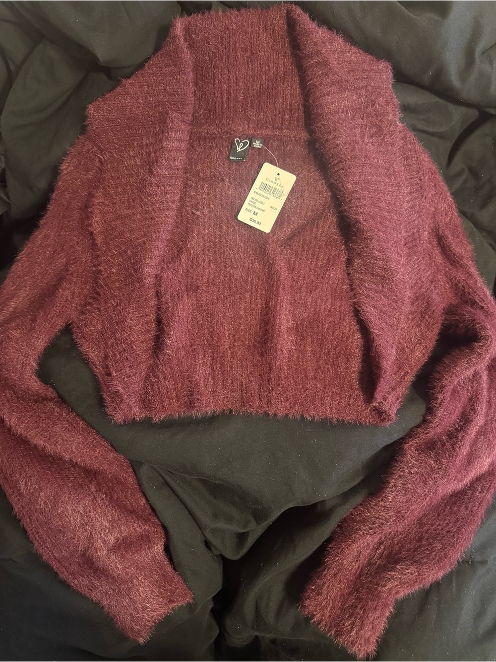 Candie's Fuzzy Cropped Shrug in Wine